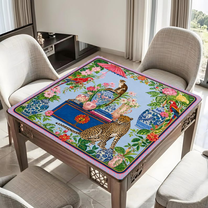 Vibrant Chinoiserie Mahjong Mat, Exotic Animals And Floral Print, Decorative Game Pad, Elegant Table Accessory
