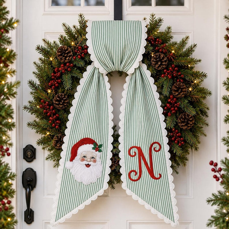 Personalized Embroidered Christmas Wreath Sash, Monogram Letter Wreath Bow, Santa Claus Embroidery Applique