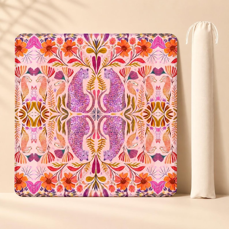 Betty Floral Leopard Mahjong Mat, Pink Cheetah Game Mat, Non Slip American Mahjong Table Cover