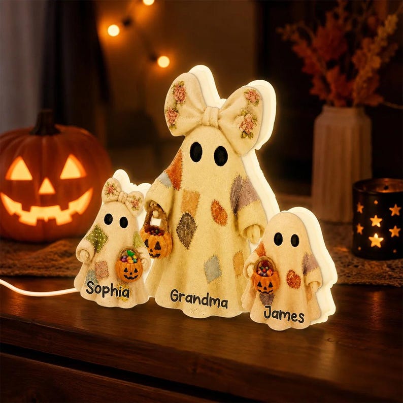 Grandma's Boo Crew Patchwork Style Ghosts Halloween Decor, Personalized LED Light Box, Halloween Night Light