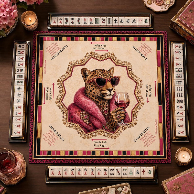 Pink Luxe Leopard Mahjong Mat, Leopard Glam with Rules, Ladies Game Night Hostess, Gift for Her