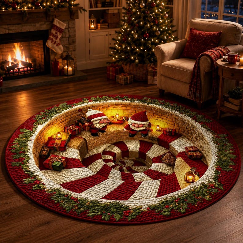 Christmas 3D Illusion Rug, Santa Gnome Round Area Rug, Candy Cane Spiral Floor Mat, Holiday Living Room Decor