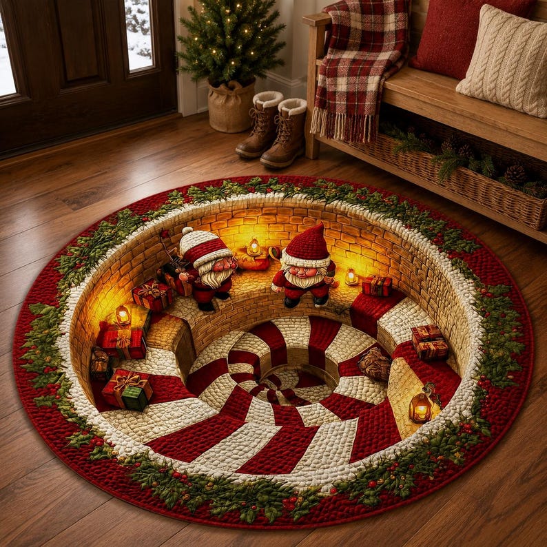 Christmas 3D Illusion Rug, Santa Gnome Round Area Rug, Candy Cane Spiral Floor Mat, Holiday Living Room Decor