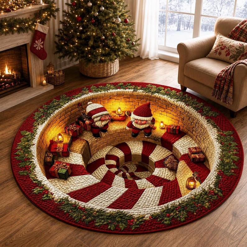 Christmas 3D Illusion Rug, Santa Gnome Round Area Rug, Candy Cane Spiral Floor Mat, Holiday Living Room Decor