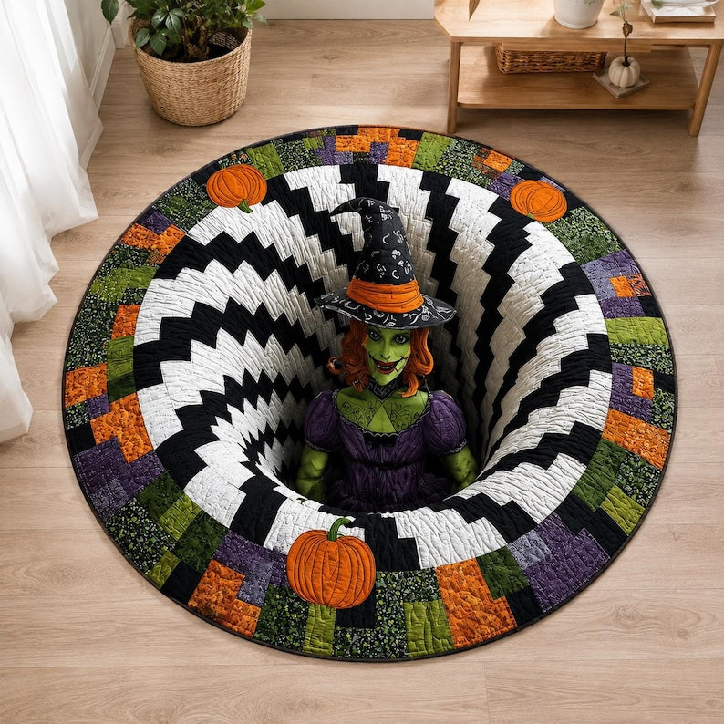 Halloween Witch 3D Illusion Round Rug, Spooky Spiral Tunnel Floor Mat, Gothic Decor, Creepy Witch Gift