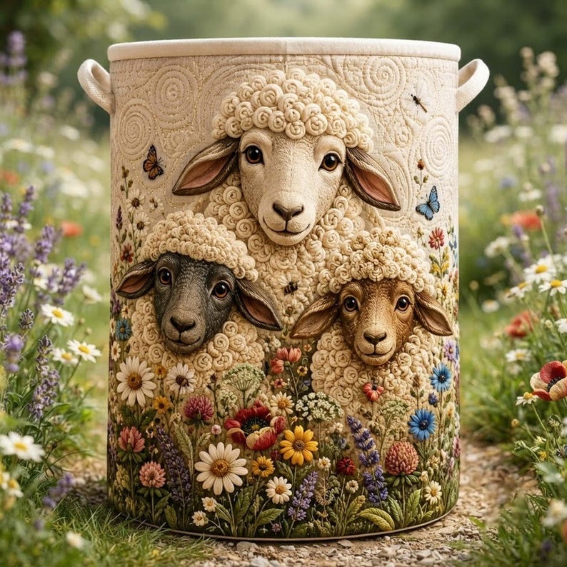 Whimsical Sheep Portrait Quilted Laundry Basket, Cute Lamb Storage Bin, Large Hamper