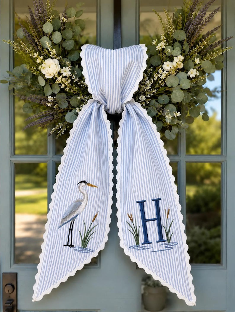 Personalized Blue Heron Wreath Sash, Custom Embroidered Light Blue Seersucker Door Bow, Coastal Front Porch Decor