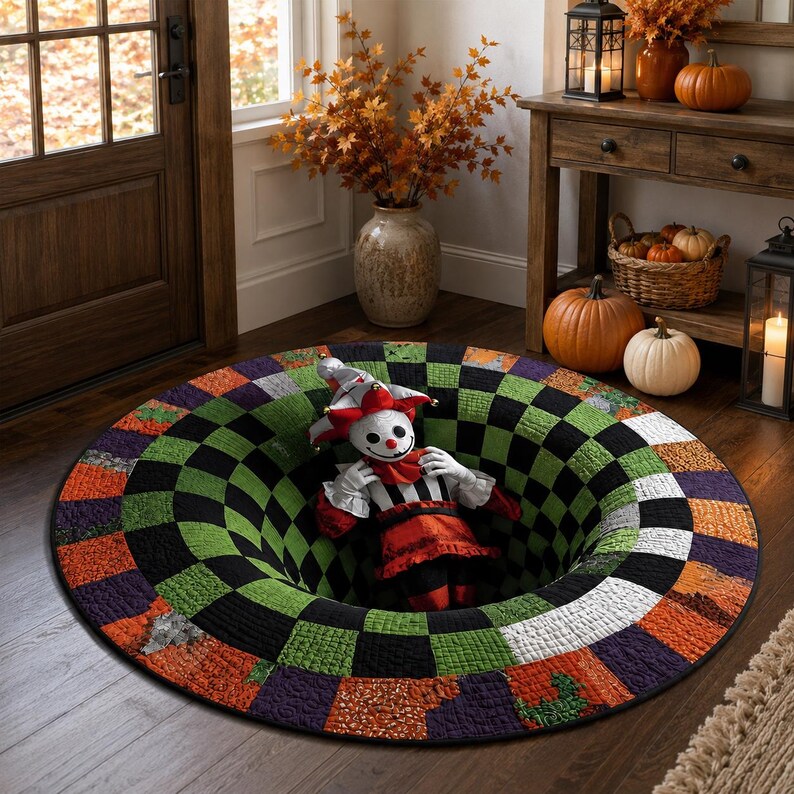 Creepy Jester 3D Illusion Rug, Halloween Clown Round Area Rug, Spooky Checkerboard Floor Mat, Gothic Horror Home Decor