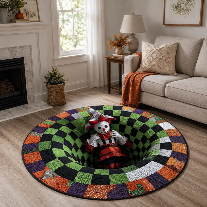 Creepy Jester 3D Illusion Rug, Halloween Clown Round Area Rug, Spooky Checkerboard Floor Mat, Gothic Horror Home Decor