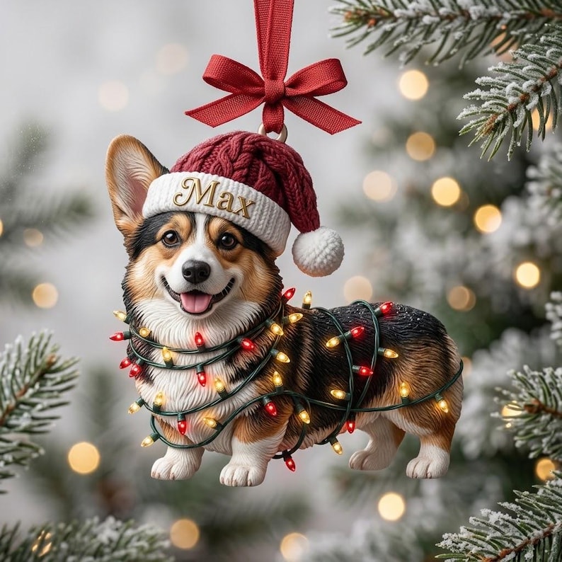 Personalized Corgi Dog Christmas Ornament, Custom Pet Name Keepsake Decoration