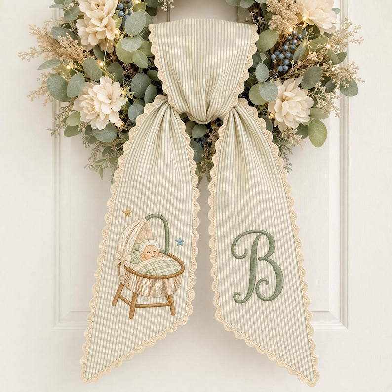 Personalized Baby Wreath Sash, Custom Embroidered Bassinet Monogram Sash, New Baby Door Decor
