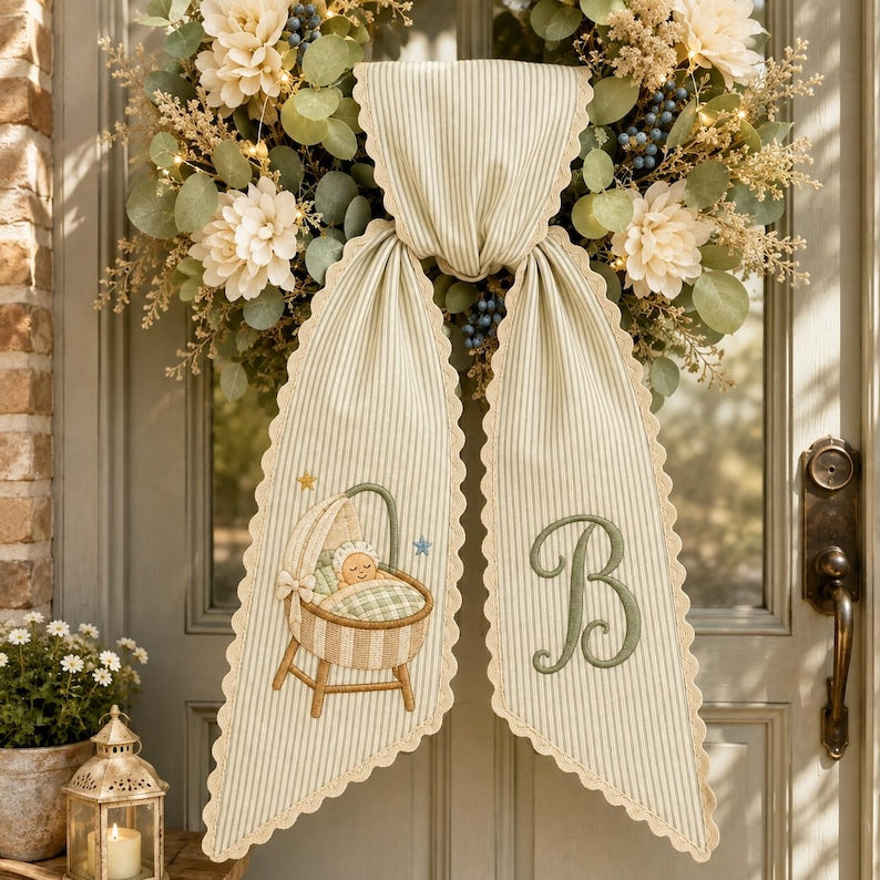Personalized Baby Wreath Sash, Custom Embroidered Bassinet Monogram Sash, New Baby Door Decor