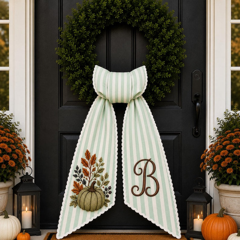 Personalized Fall Wreath Sash, Embroidered Pumpkin Door Bow With Monogram, Autumn Front Door Decor