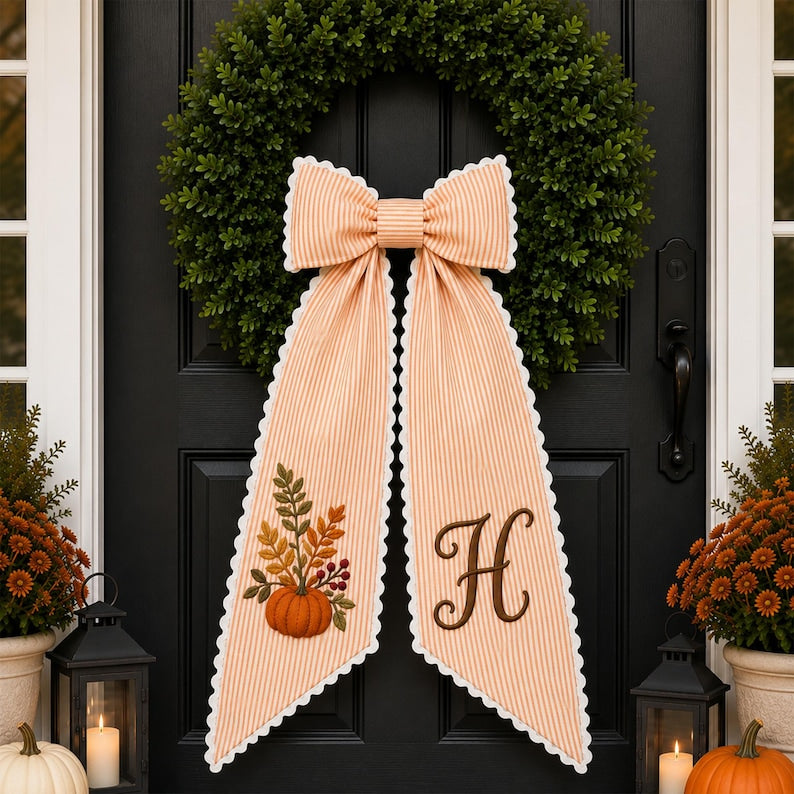 Personalized Fall Wreath Sash, Embroidered Pumpkin Door Bow With Monogram, Autumn Front Door Decor