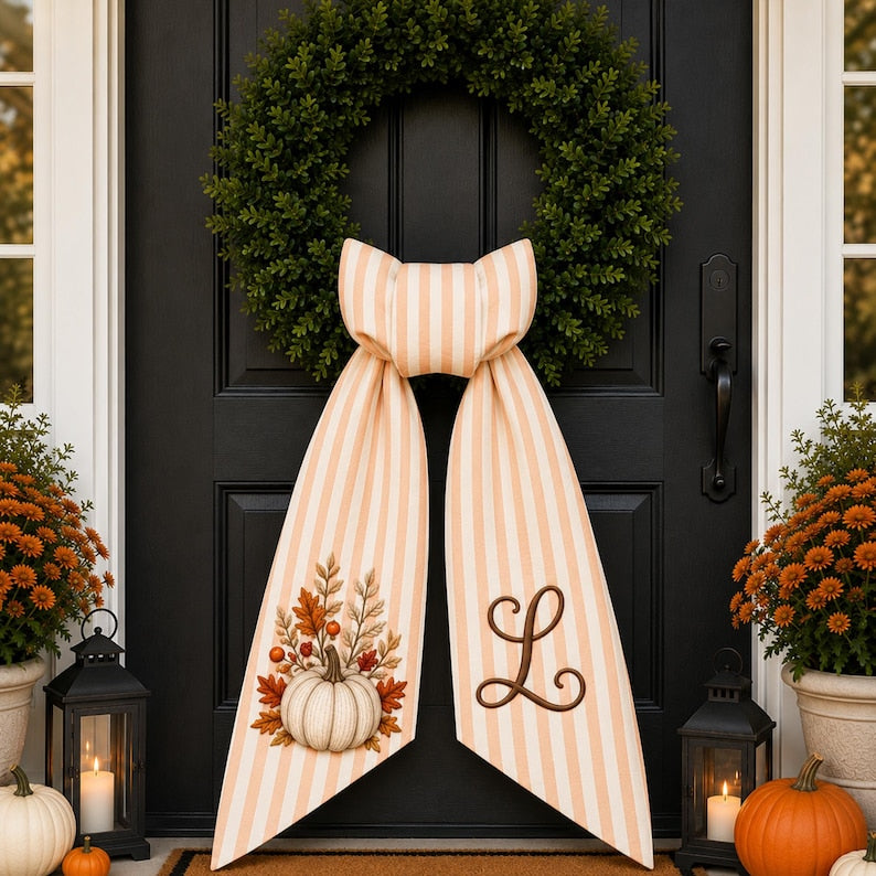 Personalized Fall Wreath Sash, Embroidered Pumpkin Door Bow With Monogram, Autumn Front Door Decor