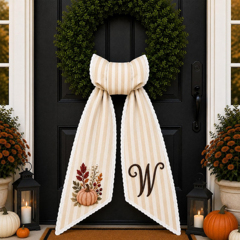 Personalized Fall Wreath Sash, Embroidered Pumpkin Door Bow With Monogram, Autumn Front Door Decor