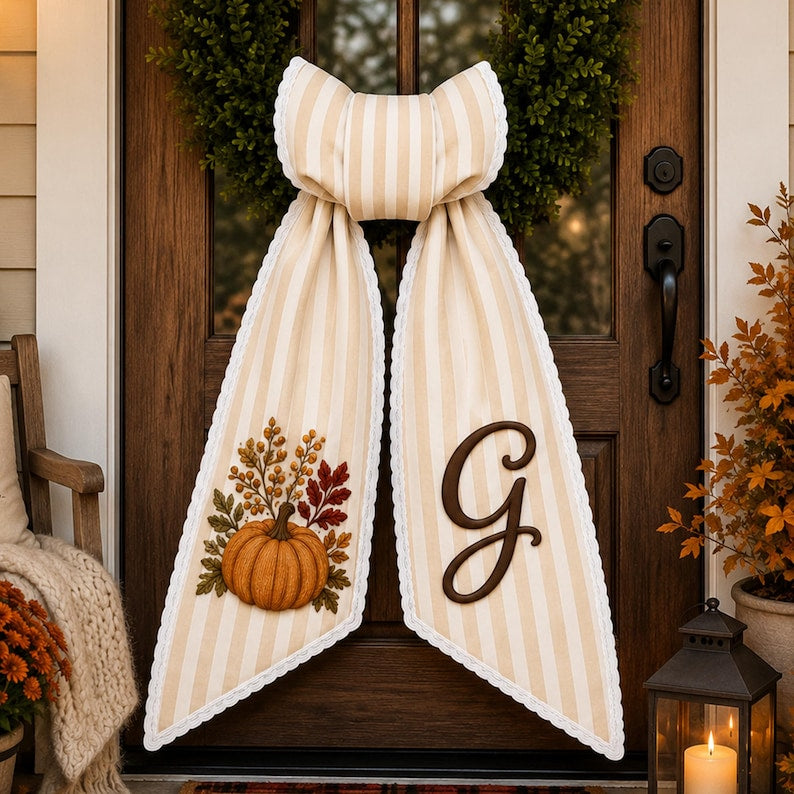 Personalized Fall Wreath Sash, Embroidered Pumpkin Door Bow With Monogram, Autumn Front Door Decor