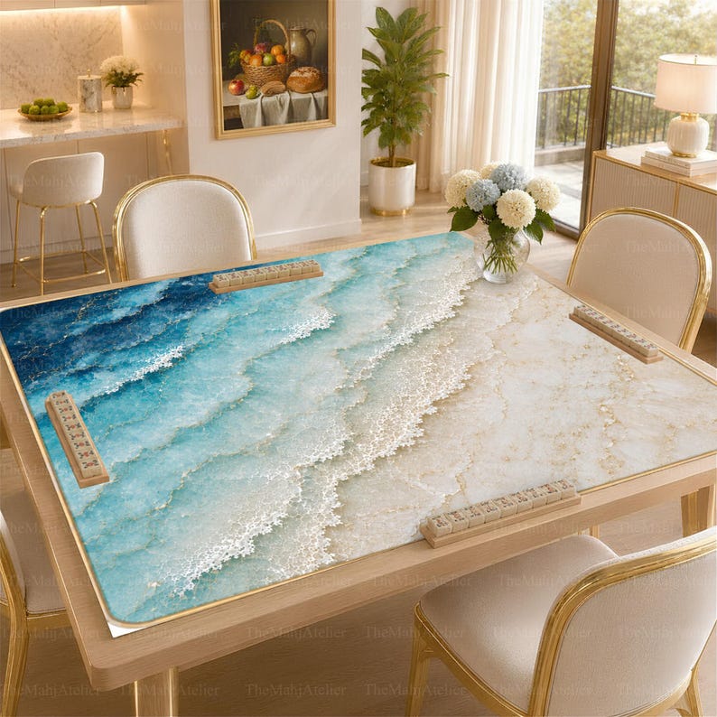 Turquoise Ocean Wave Mahjong Mat, Coastal Beach Game Night Mat, American Mahjong Gift
