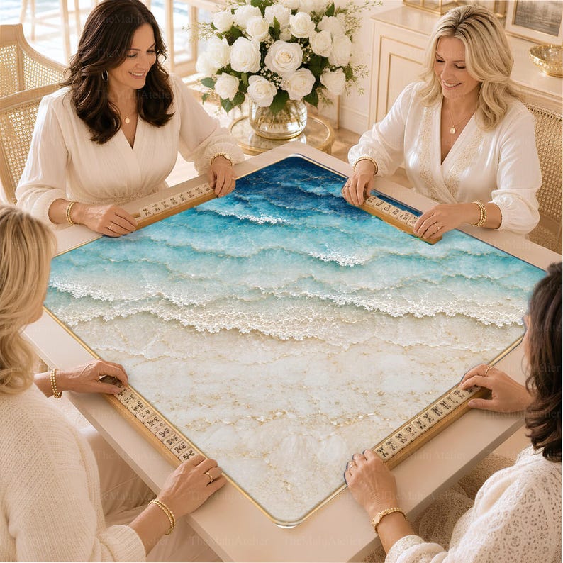 Turquoise Ocean Wave Mahjong Mat, Coastal Beach Game Night Mat, American Mahjong Gift