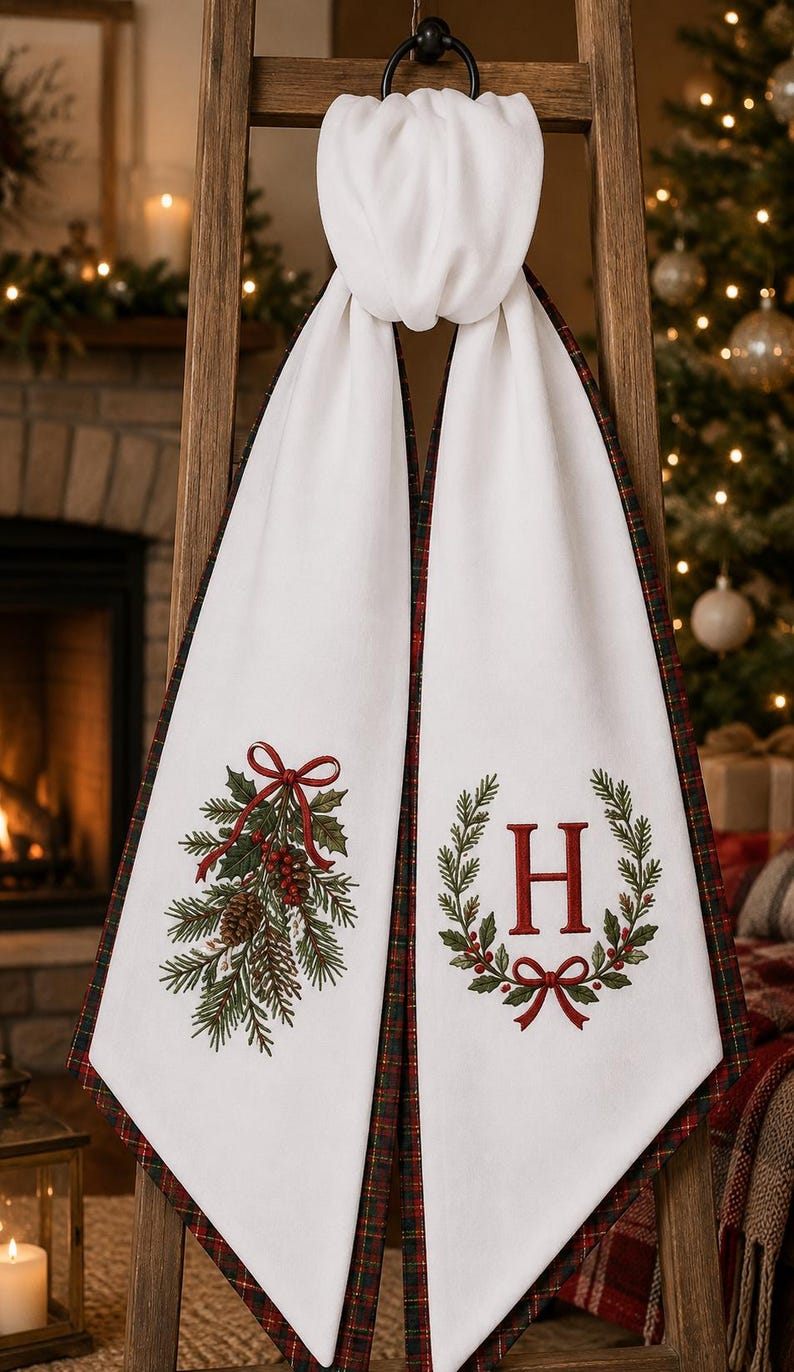 Personalized Christmas Wreath Sash, Custom Monogram Embroidered Holiday Wreath Bows, Front Door Christmas Decor