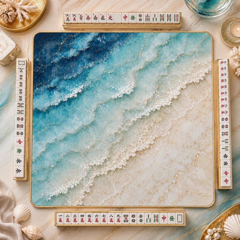 Turquoise Ocean Wave Mahjong Mat, Coastal Beach Game Night Mat, American Mahjong Gift