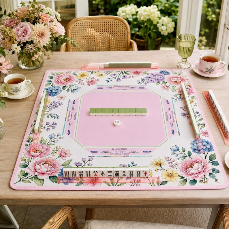 Pink Floral Mahjong Mat American Mahjong Table Mat Garden Flower Game Mat Soft Pastel Game Night Gift
