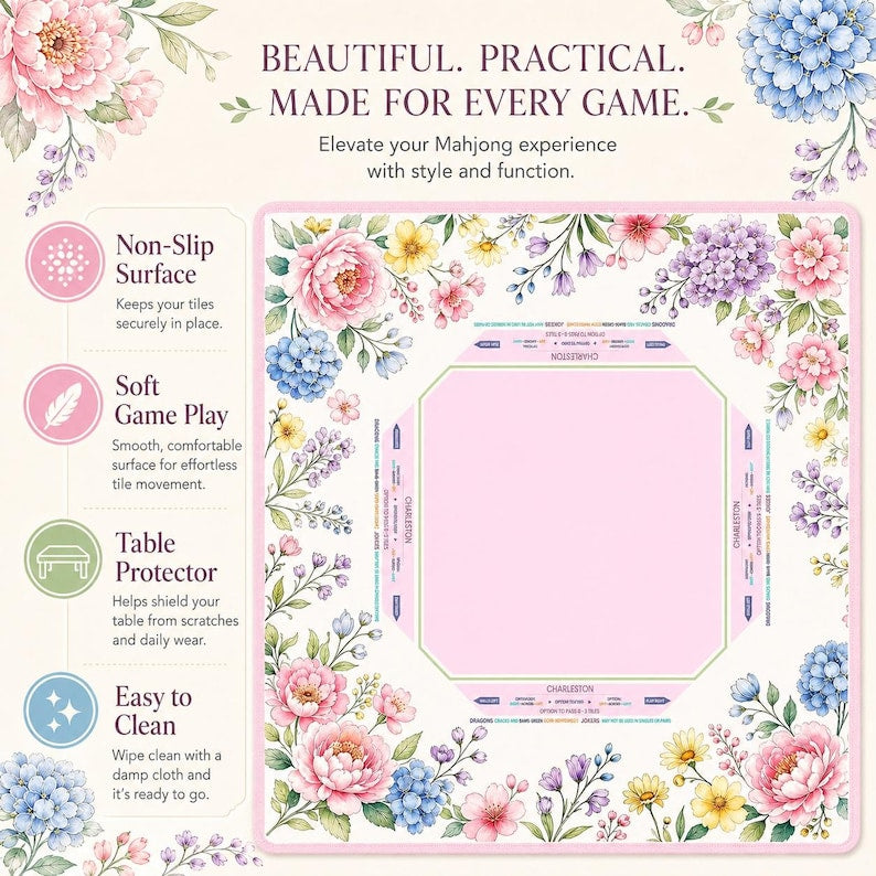 Pink Floral Mahjong Mat American Mahjong Table Mat Garden Flower Game Mat Soft Pastel Game Night Gift