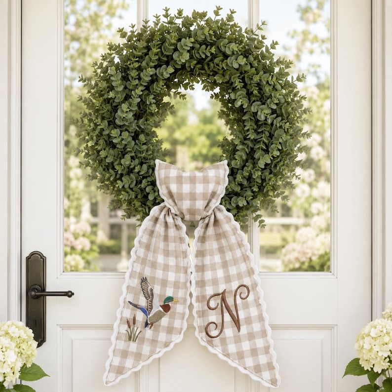 Personalized Duck Wreath Sash, Embroidered Monogram Door Bow, Neutral Gingham Decor