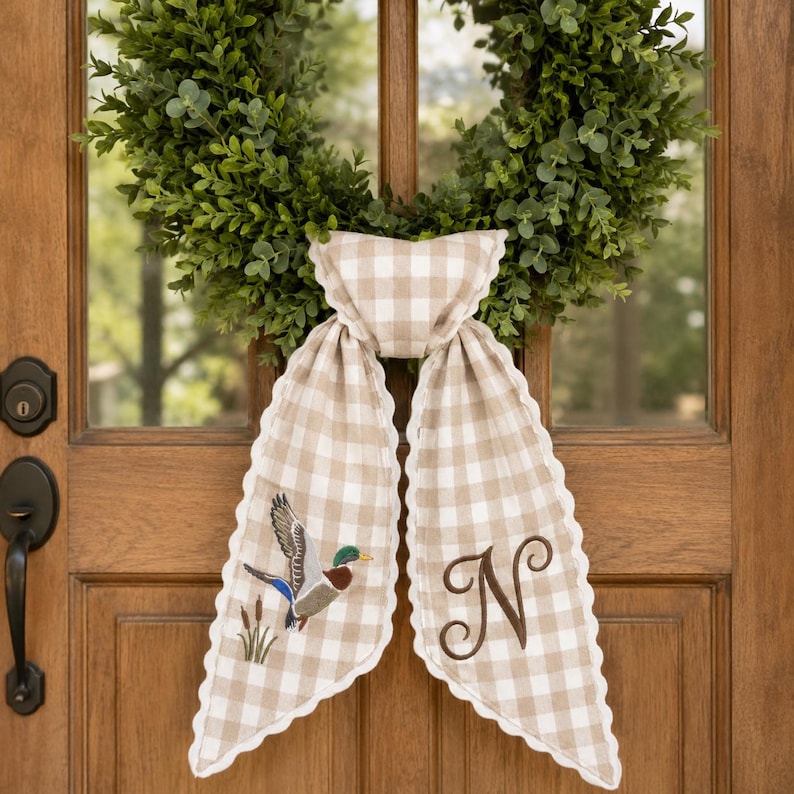 Personalized Duck Wreath Sash, Embroidered Monogram Door Bow, Neutral Gingham Decor