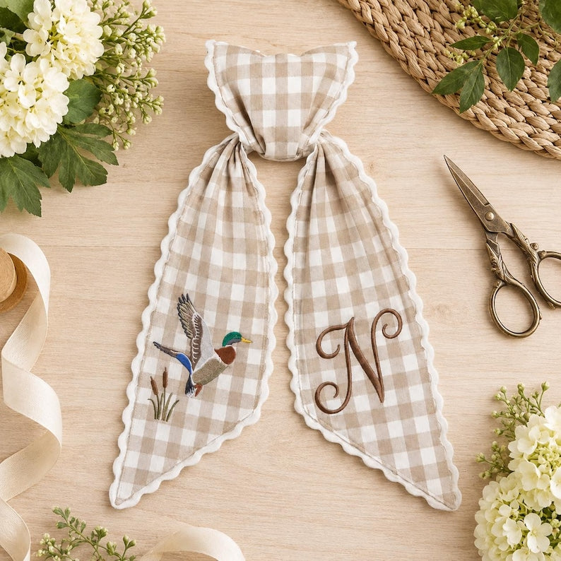 Personalized Duck Wreath Sash, Embroidered Monogram Door Bow, Neutral Gingham Decor