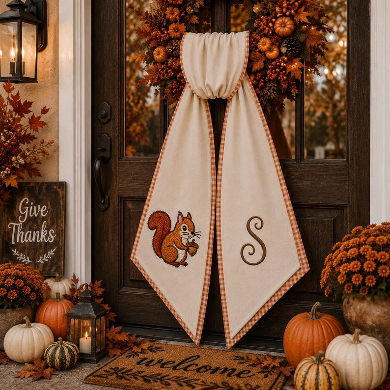 Embroidered Monogrammed Squirrel, Thanksgiving Fall Wreath Sash, Embroidered Gingham Thanksgiving Door Bow