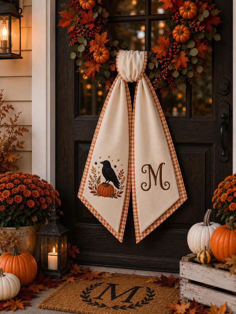 Embroidered Personalized Halloween Pumpkin Crow Wreath Sash, Halloween Crow Raven Door Decor