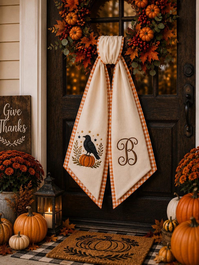 Embroidered Personalized Halloween Pumpkin Crow Wreath Sash, Halloween Crow Raven Door Decor