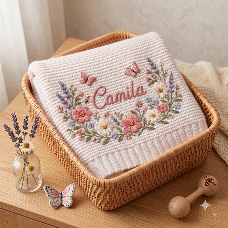 Personalized Knit Wildflower Baby Blanket Name, Custom Embroidered Butterfly Baby Shower Gift, Gift for Baby Girl