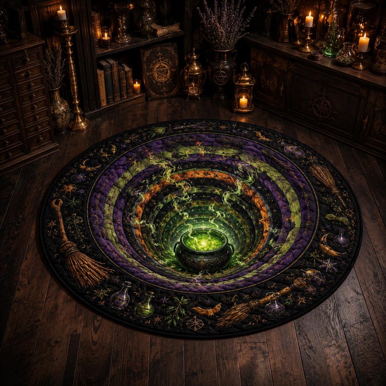 Quilted Witch Cauldron Round Rug, 3D Optical Illusion Floor Mat, Gothic Halloween Decor