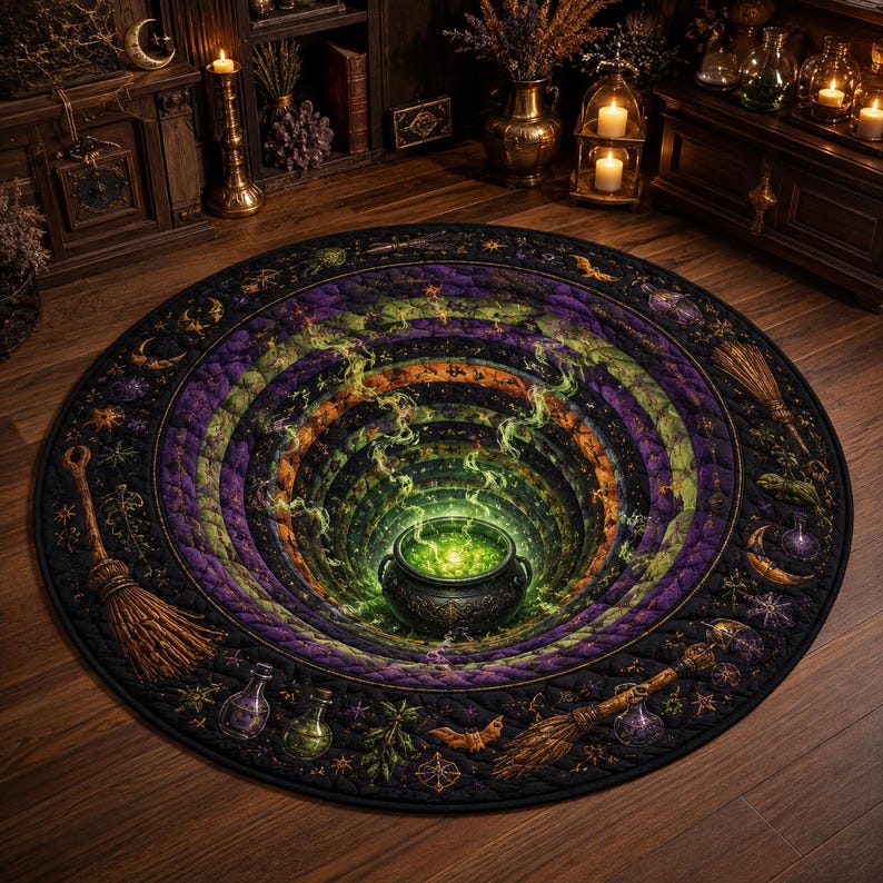 Quilted Witch Cauldron Round Rug, 3D Optical Illusion Floor Mat, Gothic Halloween Decor