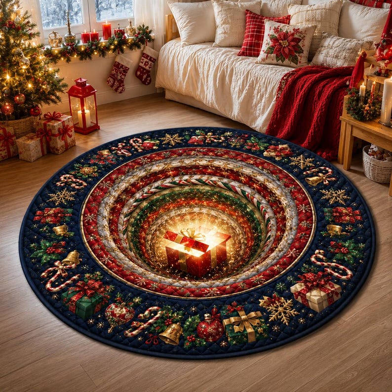3D Christmas Round Rug, Quilted Festive Floor Mat, Holiday Living Room Carpet