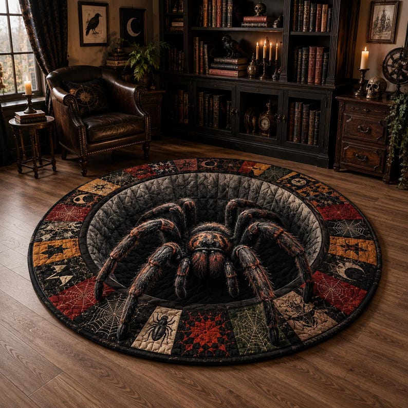 3D Spider Optical Illusion Round Quilted Rug, Gothic Halloween Carpet