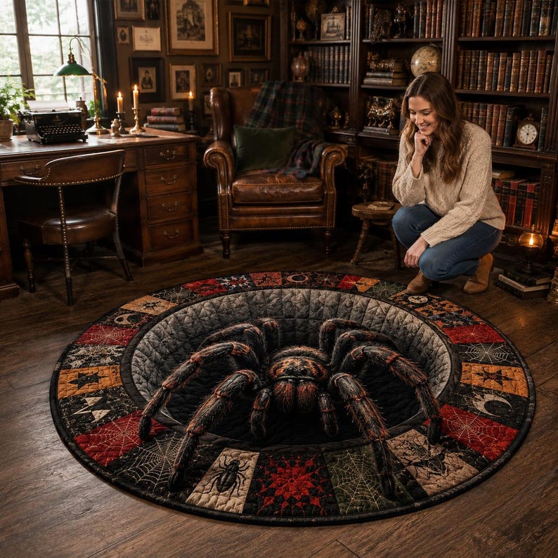 3D Spider Optical Illusion Round Quilted Rug, Gothic Halloween Carpet