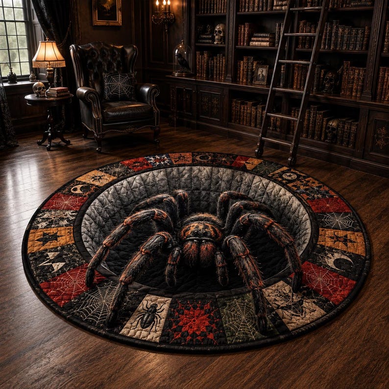 3D Spider Optical Illusion Round Quilted Rug, Gothic Halloween Carpet