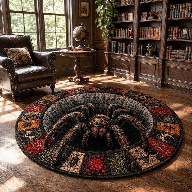 3D Spider Optical Illusion Round Quilted Rug, Gothic Halloween Carpet