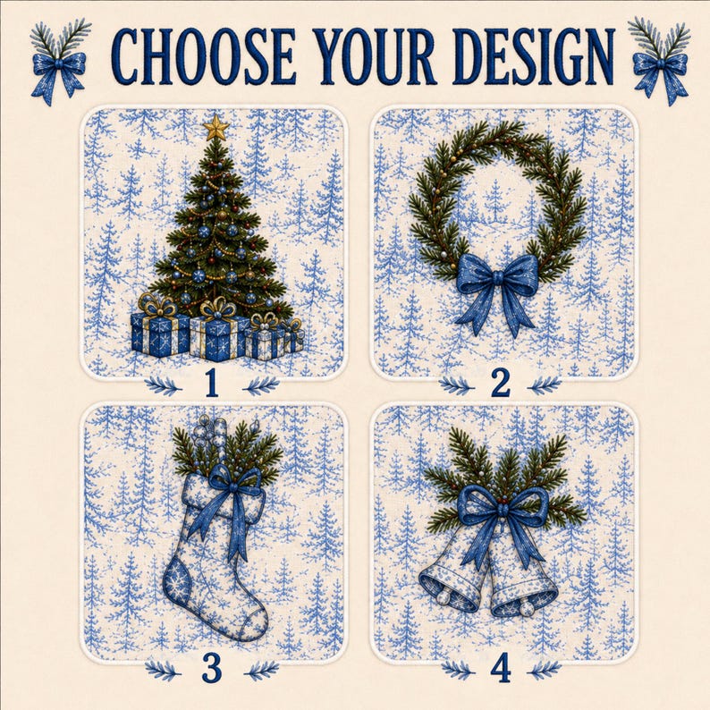 Blue Toile Christmas Wreath Sash, Custom Embroidered Sash, Personalized Holiday Front Door Decor