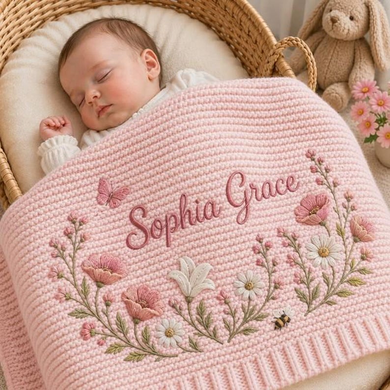 Personalized Wildflower Baby Blanket Name, Custom Embroidered Floral Butterfly Baby Shower Gift