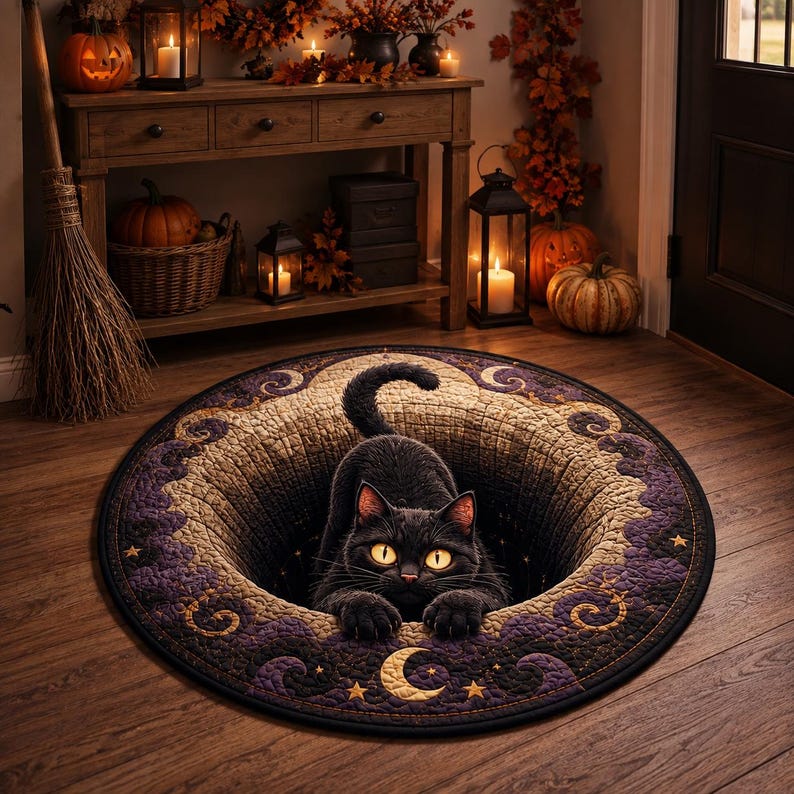 3D Black Cat Round Rug, Halloween Optical Illusion Rug, Witchy Cat Carpet, Spooky Vortex Floor Mat, Gothic Fall Home Decor
