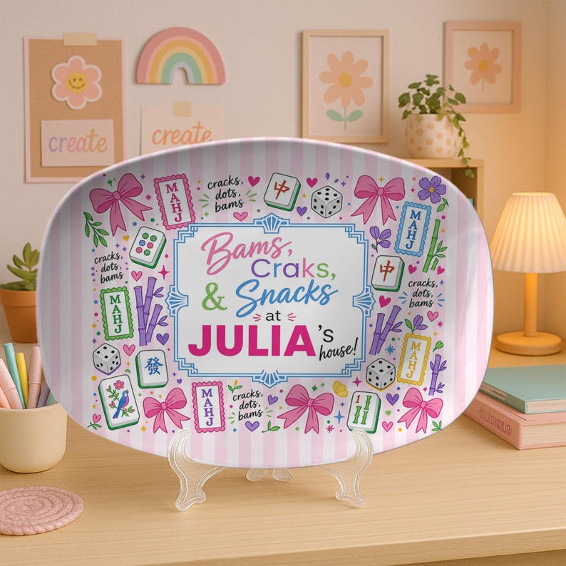 Personalized Mahjong Platter, Pink Bow Game Night Snack Tray, Custom Mahj Gift