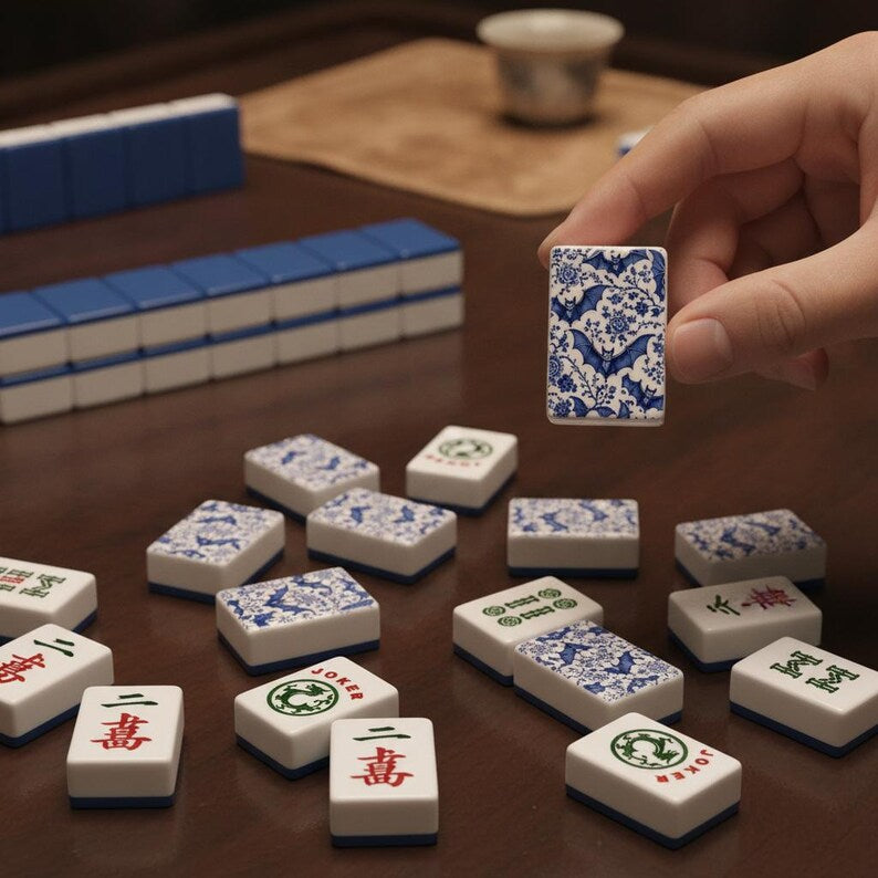 Bat Chinoiserie Mahjong Tiles Set, Unique Chinese Game, Blue White Porcelain Style, Asian Game Night Gift (166 Pieces)