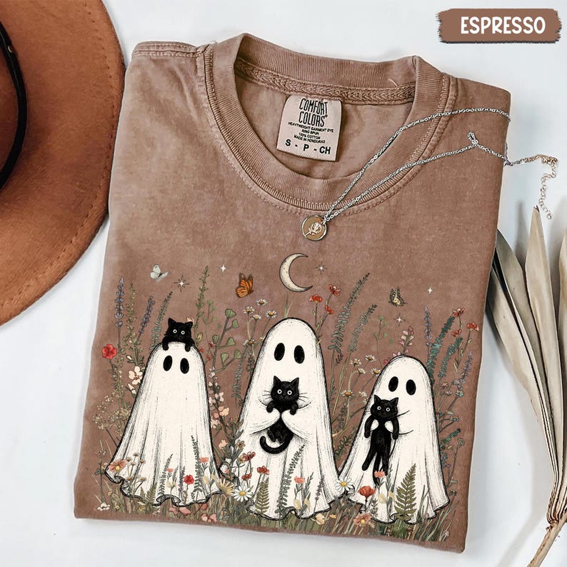 Vintage Cottagecore Ghost Black Cat Shirt, Funny Halloween Whimsical Wildflower Botanical Tee, Cottagecore Black Cat Shirt