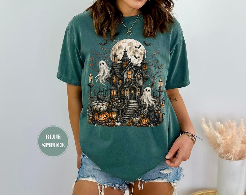 Haunted House Halloween T-Shirt, Spooky Ghost Pumpkin Tee, Cottagecore Comfort Colors Fall Gift, Black Cat Full Moon Outfit
