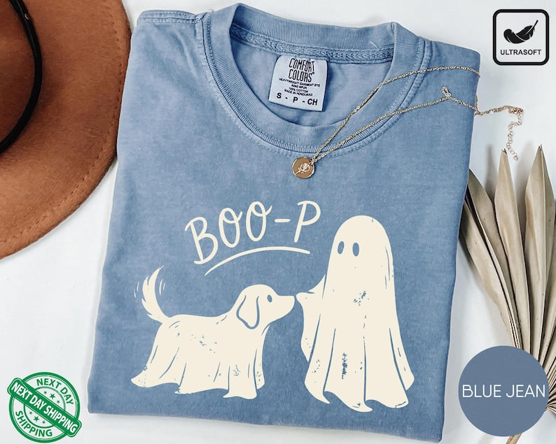 Boo-p Ghost Dog Comfort Colors T-Shirt, Funny Halloween Dog Mom Shirt