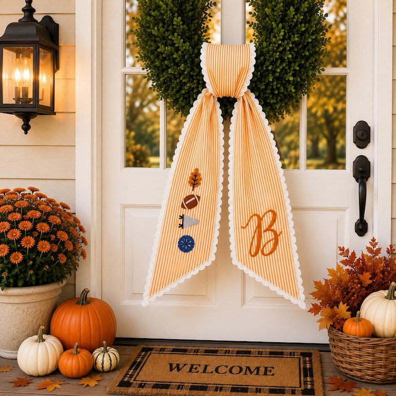 Custom Football Wreath Sash, Personalized Seasonal Monogram Door Sash, Game Day Embroidered Fall Wreath Bow